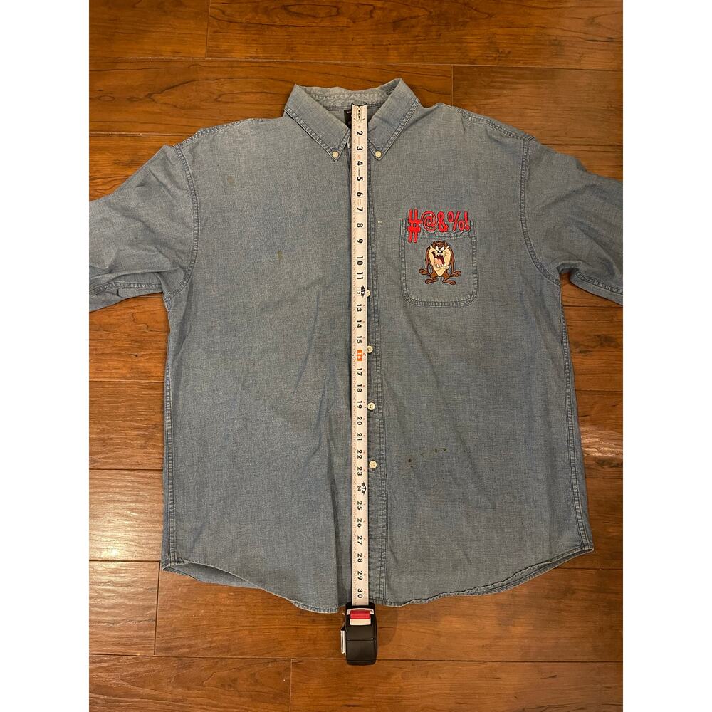 VTG 90s Warner Bros Denim Shirt Mens Size XL Button Up Blue Taz Looney Tunes - Picture 11 of 12